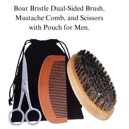 Men’s Boar Bristle Dual Sided Brush, Mustache comb, Scissors with Pouch